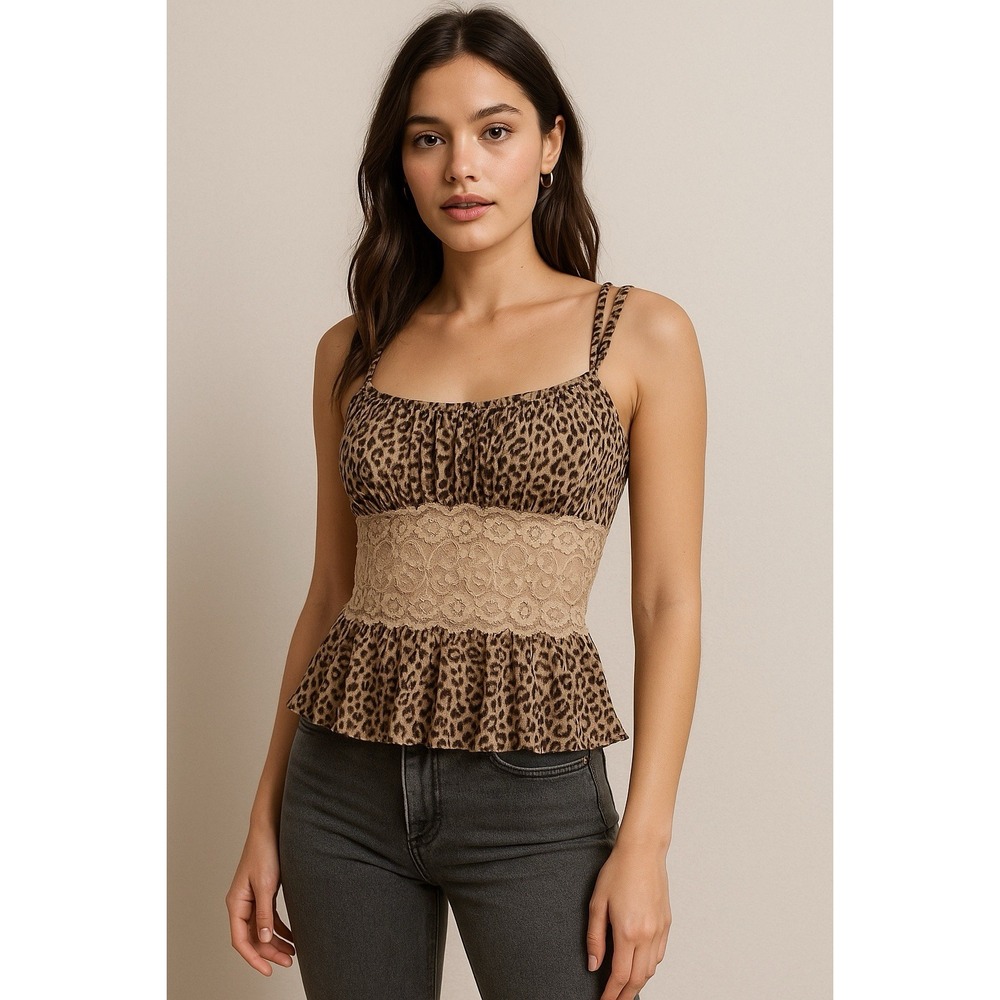 Cabernet Cami Top Womens‎ L Animal Print Peplum Lace Empire Waist Y2K Whimsigoth